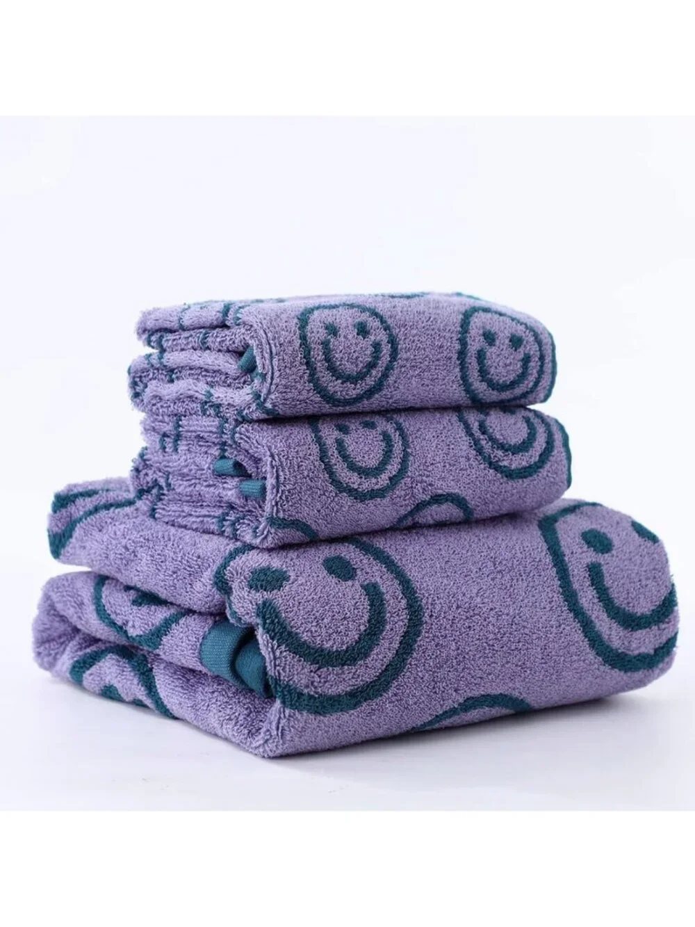 Soft 100% Cotton Luxury Smiley Face Bath Towel Set - Purple & Green Washcloths